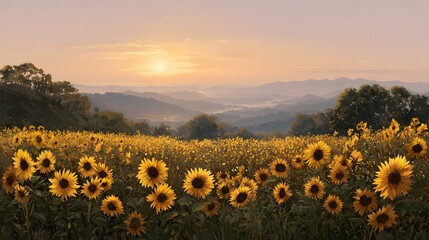 Fototapeta premium Sunrise over a field of sunflowers with rolling hills in the background