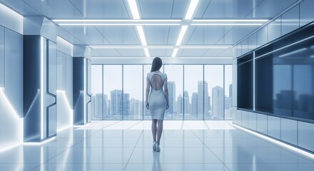 Fototapeta premium Woman in White Dress Standing in Futuristic Office with City View