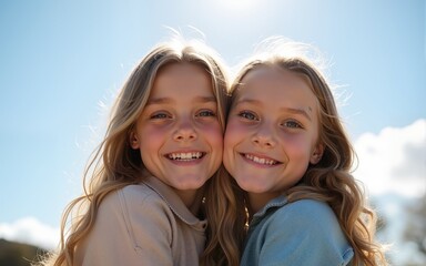 Obraz premium Lovable caucasian girls expressing positive emotions to camera. Outdoor photo of refined sisters posing on sky background. High quality