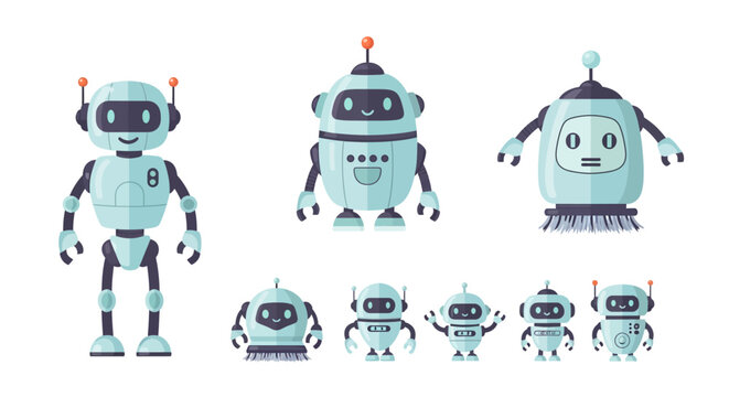 A collection of cute, pastel-colored robots of varying sizes, displayed against a white background.