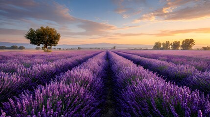 Obraz premium Rows of lavender in a field at sunset with a lone tree