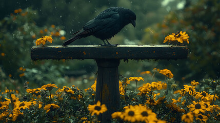 A solitary black crow perches on a weathered wooden post amidst a field of vibrant yellow flowers during a gentle rain.