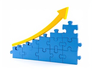 Blue puzzle pieces forming a graph with a yellow upward trend line