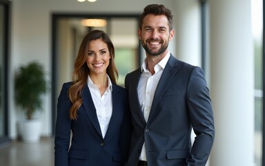 smiling business man and business woman standing. High quality