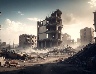 Destroyed cityscape under a dramatic sky