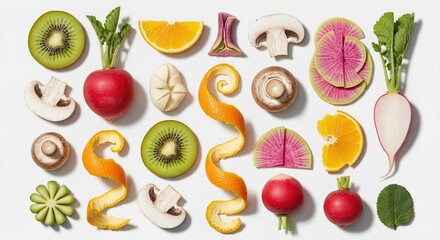 Fresh Sliced Fruits and Vegetables with Orange Peels on White Background