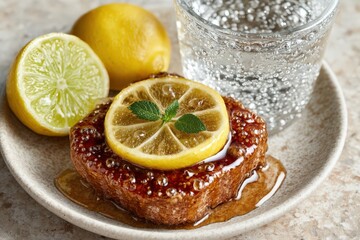 Exquisite close-up of golden brown butter cake topped with syrupy honey glaze and lemon slice, garnished with fresh mint, served with sparkling water creating a refreshing culinary experience