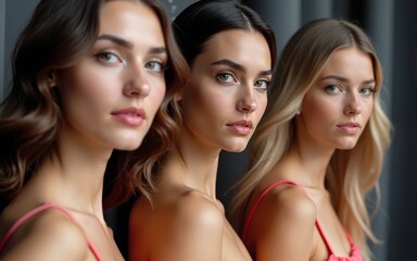 three beautiful female models standing next to each other at a fashion ad show, Generative AI. High quality