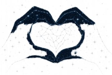 Hands forming a heart constellation in a starry night sky

