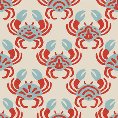 Bright seamless vector pattern with crabs. Red and blue marine animals on light background. Fun ocean-inspired motif in hand-drawn style. Vector illustration.