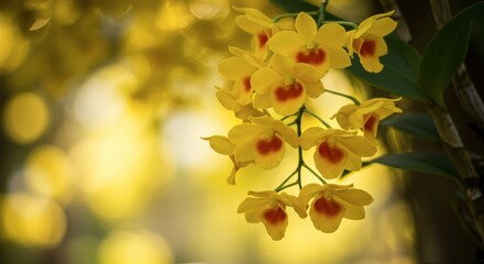 Obraz premium Closeup view of bright yellow orchids with red centers