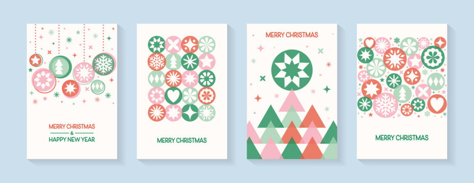 Christmas greeting card set in modern style. Christmas ball, tree and snowflakes. Vector illustration