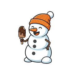 Cute cartoon snowman enjoying a chocolate-covered popsicle on a cold day