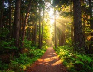 Sunbeams stream through a lush forest path