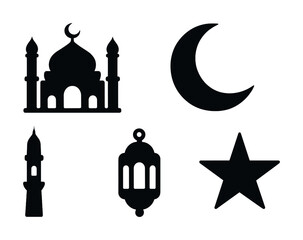 Islamic symbols: mosque, crescent moon, star, lantern, minaret icons