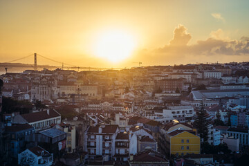 Aerial evening view from Miradouro da Graca viewing point in Lisbon city, Portugal
