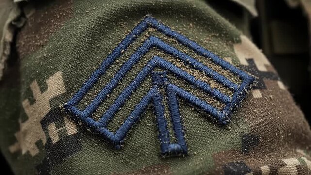 Close-up view reveals detailed stitching of a military rank patch on a camouflage uniform, showcasing dedication and pride in service during outdoor drills.