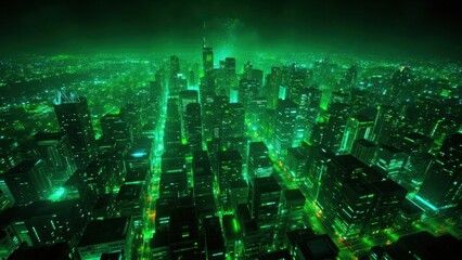 Fototapeta premium Futuristic aerial night view of city with green neon lights