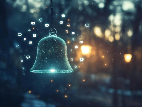 Ethereal bell with glowing social media icons, hanging against a bokeh background of a twilight park.  Perfect for concepts of notifications, online communication, or digital connectivity.