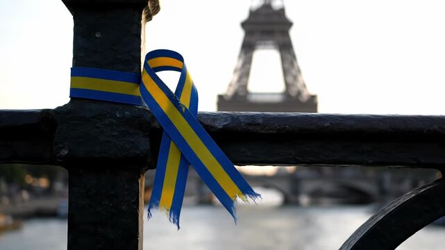 A poignant ribbon in blue and yellow decorates a bridge in Paris, with the Eiffel Tower rising in the background during a tranquil sunset, symbolizing hope and solidarity.