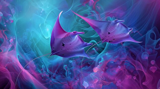 Vid&eacute;o artistique de raies manta majestueuses bioluminescentes nageant dans un oc&eacute;an surr&eacute;aliste