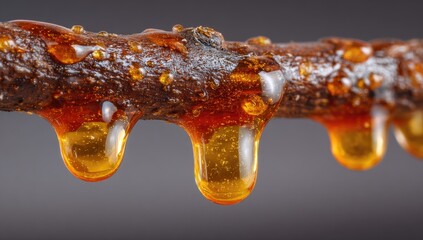 Amber resin dripping from a branch.  Close-up of viscous amber liquid clinging to a dark brown twig