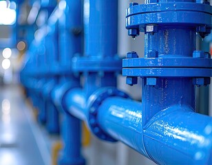 Close-up of blue industrial piping, featuring connected sections and flanges