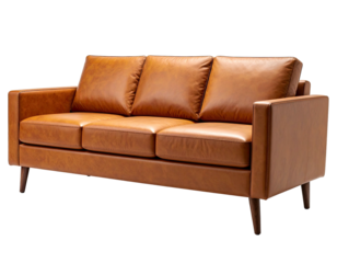 Light brown leather three-seat sofa with simple, rectangular armrests and wooden legs