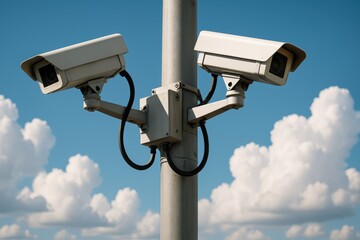 Dual outdoor security cameras mounted on metal pole with blue sky and clouds in background
