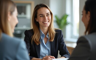Happy mature professional business woman executive hr manager having job interview or business discussion with female applicant or colleague sitting at workplace in corporate office meeting.