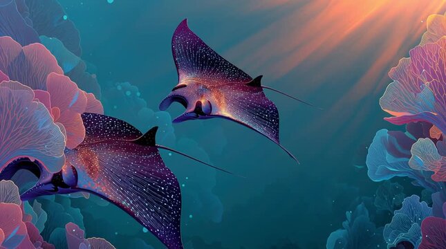 Vid&eacute;o artistique de raies manta majestueuses bioluminescentes nageant dans un oc&eacute;an surr&eacute;aliste