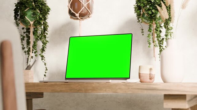 Laptop with green screen on wooden desk in boho rustic style workspace with plants &ndash; smooth animation tilting up. Includes chroma key, luma matte, and tracking screen clip.