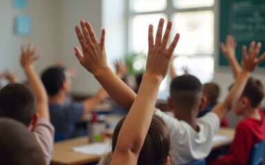 Children raising hands in classroom. High quality
