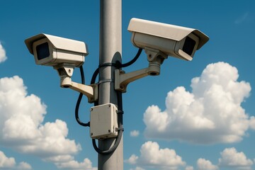 Surveillance cameras mounted on pole in outdoor setting under blue sky with white clouds
