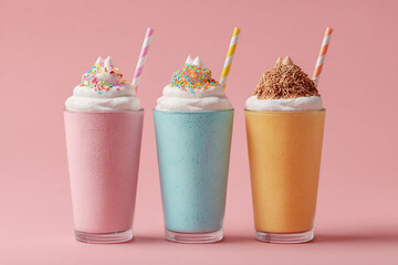 Three colorful milkshakes stand side-by-side, each topped with whipped cream, sprinkles, and a straw, against a soft pink background.