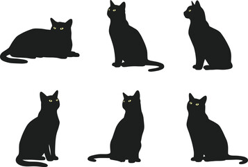 Black cat silhouette, yellow eyes, sitting pose, minimalist design, feline icon, vector set, pet graphic, spooky vibe, animal shape, posture art