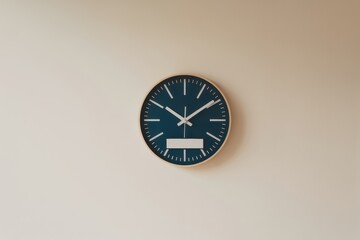 Simple dark blue wall clock with white hands against a neutral background, representing time and punctuality.