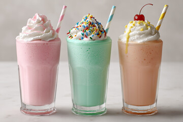 Colorful milkshakes with whipped cream, straws, and toppings are arranged on a marble surface creating a visually appealing, sweet treat.