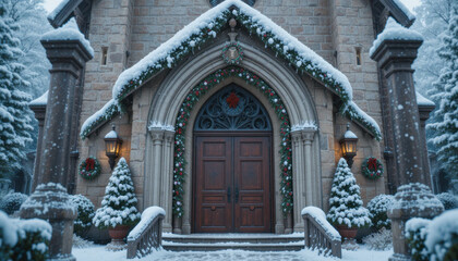 Obraz premium Snow covered church entrance adorned with festive wreaths and garlands creates serene winter scene. stone architecture and wooden doors add historic charm, enhanced by surrounding snow dusted