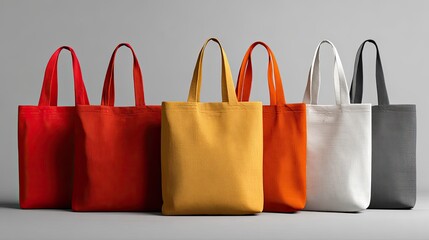 Row of colorful canvas tote bags against a neutral background
