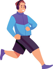 Male runner, cartoon man in sportswear and headphones jogging, sport and fitness athlete vector flat character, workout