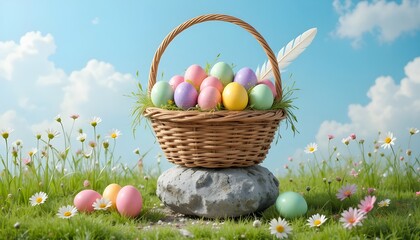 Fototapeta premium Celebrate Easter with vibrant pastel eggs in a charming basket outdoors on a beautiful spring day