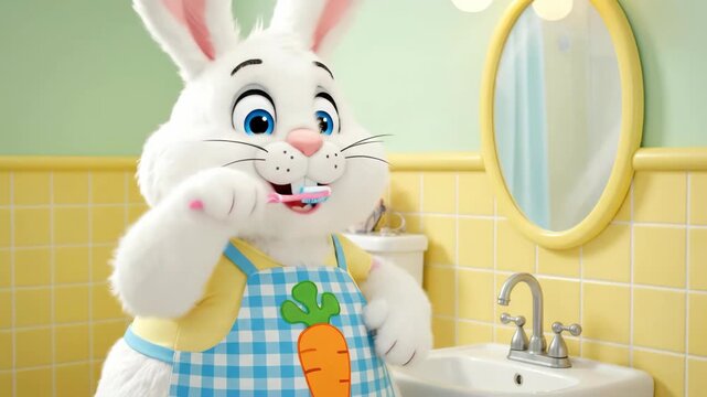 A cute and funny cartoon Easter Bunny mascot in an apron brushes his teeth with a pink toothbrush in a bright and cheerful yellow bathroom