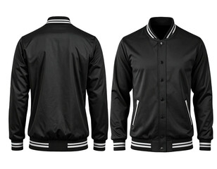 Back and front view of a black varsity jacket with white stripes