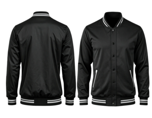 Back and front view of a black varsity jacket with white stripes