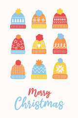 Christmas poster with funny hand drawn winter hats. Vector illustration