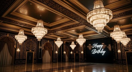 Grand ballroom with ornate chandeliers and happy birthday message, exuding elegance and luxury
