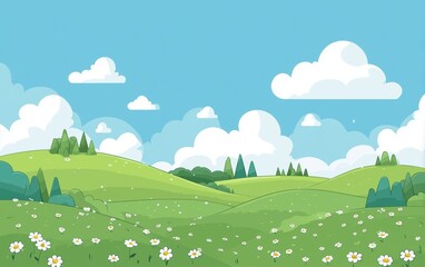 Fototapeta premium Colorful vector illustration of a spring landscape with a green grassy meadow, rolling hills, white flowers, blue sky