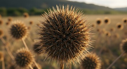Dried globe thistle in field