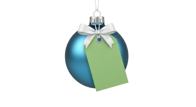 Isolated blue Christmas ball ornament with green label, decorative gift tag mockup - Powered by Adobe